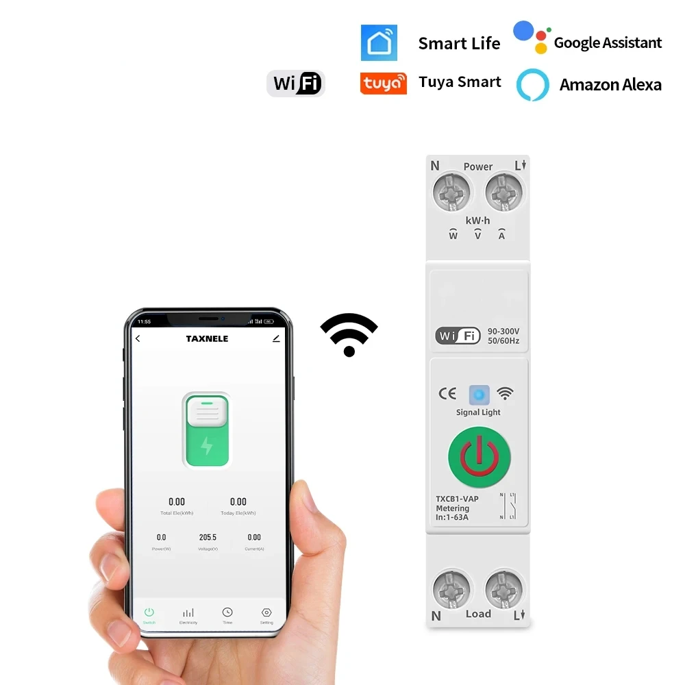 

Умный Wi-Fi выключатель Tuya AC100-240V 1-63A с управлением через приложение, таймером, счетчиком энергии, защитой от перенапряжения и перегрузки по току, голосовым управлением