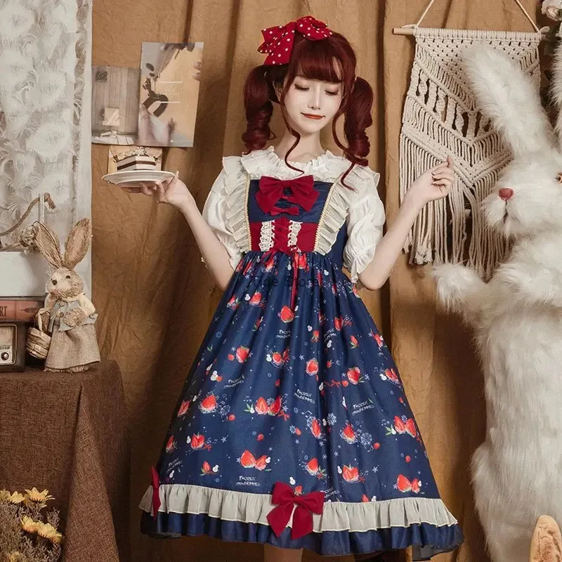 

Cy[Полуничный фруктовый сад] Jsk Strap Симпатичная милая и маленькая свежая повседневная юбка Лолиты Платье Kawaii Шаровары Лолита Темно-синий