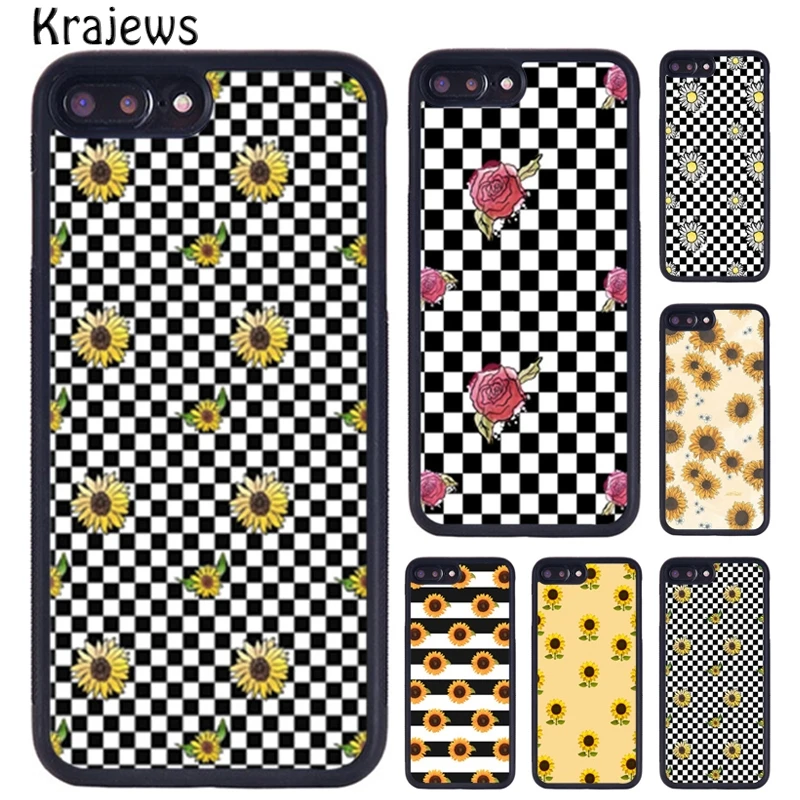 Krajews Checkered Sunflower Rose Design Phone Case For iPhone 16 15 14 XR XS 11 12 mini 13 Pro MAX Plus cover coque