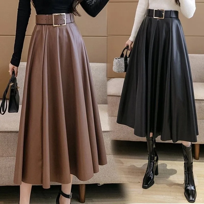 Classic Faux PU Leather Long Skirts Elegant High Waist Fashion Black Skirts Office Ladies Streetwear Autumn Winter Flared Skirt