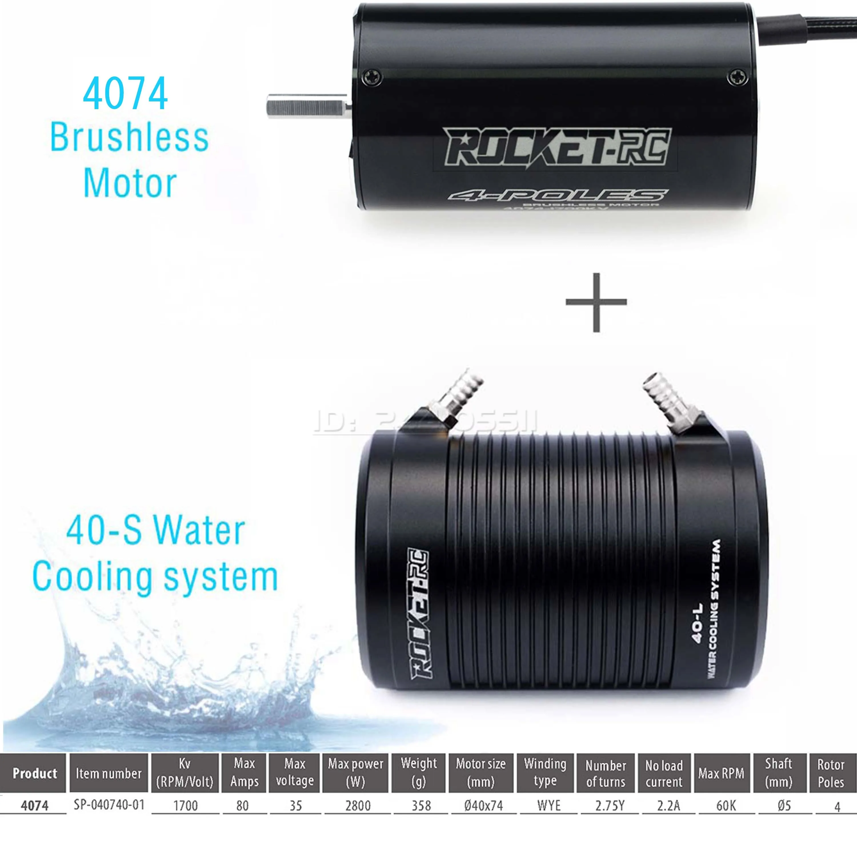 Rocket-RC 4074 1700KV 2000KV 2250KV Waterdichte sensorloze borstelloze motor 40-S waterkoelmantel voor 1000 mm (of boven) RC-boot