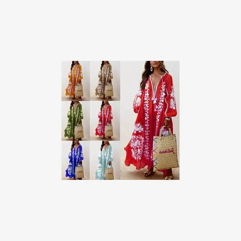 

Новое осеннее женское длинное платье макси с V-образным вырезом и цветочным принтом