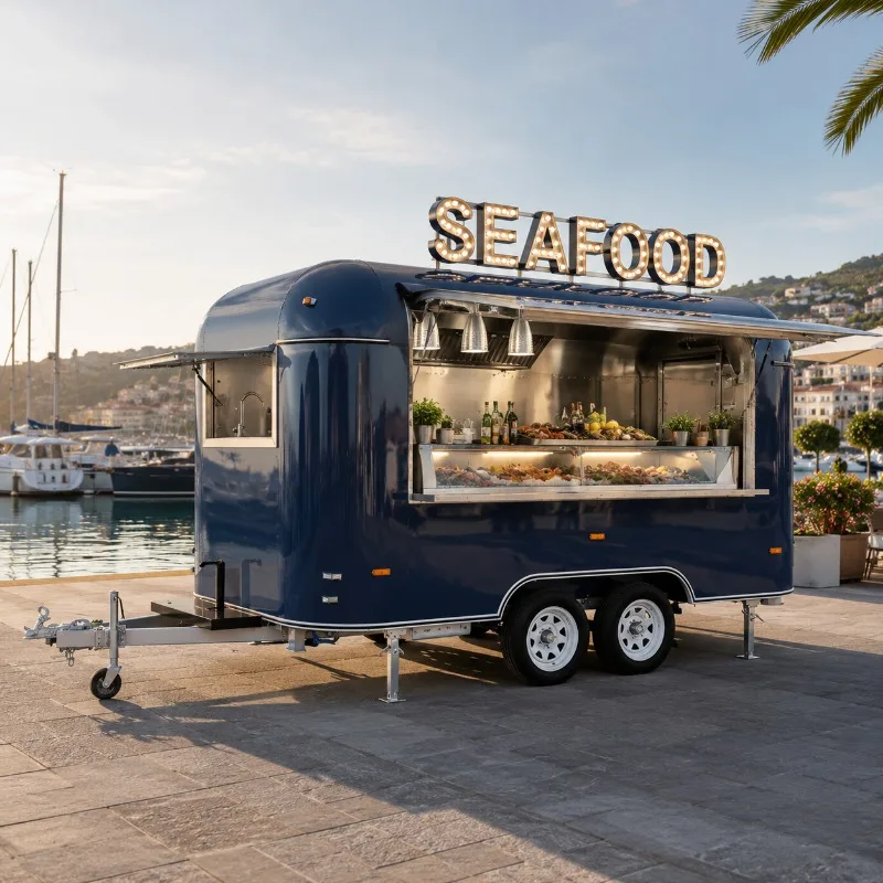 Mobile Food Cart Customized Kitchen Trailer with Pizza Coffee Machine Hot Dog Fryer Ice Cream Freezer Food Truck for Outdoor