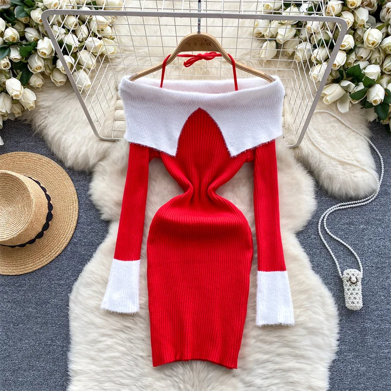 Spring Women Boat Neck Long Sleeve Contrast Color Slim Short Knit Hip Dress Red Black Purple Sweet Korean Ladies Knitted Dresses