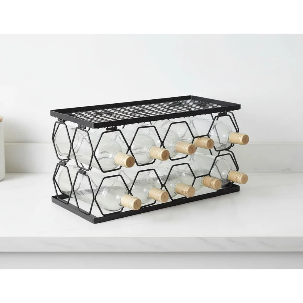 

Collapsible Stackable Metal Wine Rack for 8 Bottles, Black Finish, Space-Saving Storage for Home Bar
