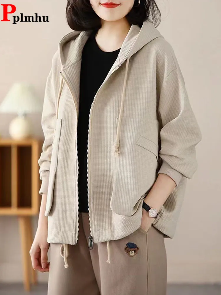 

Oversize Baggy Hooded Jackets Coat Women's Casual Elegant Loose Chaquetas Top Korean Fashion Lace Up Zipper Jaquetas Casaco
