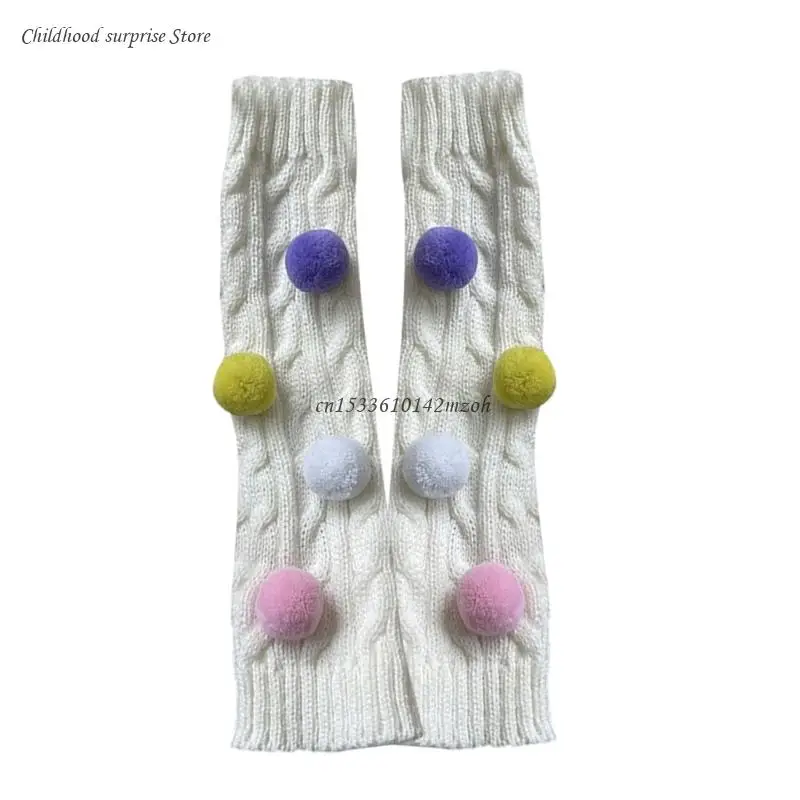 Solid Color Knitted Leg Warmers Girls Warm Socks with Colored Pom Pom Decoration Dropship