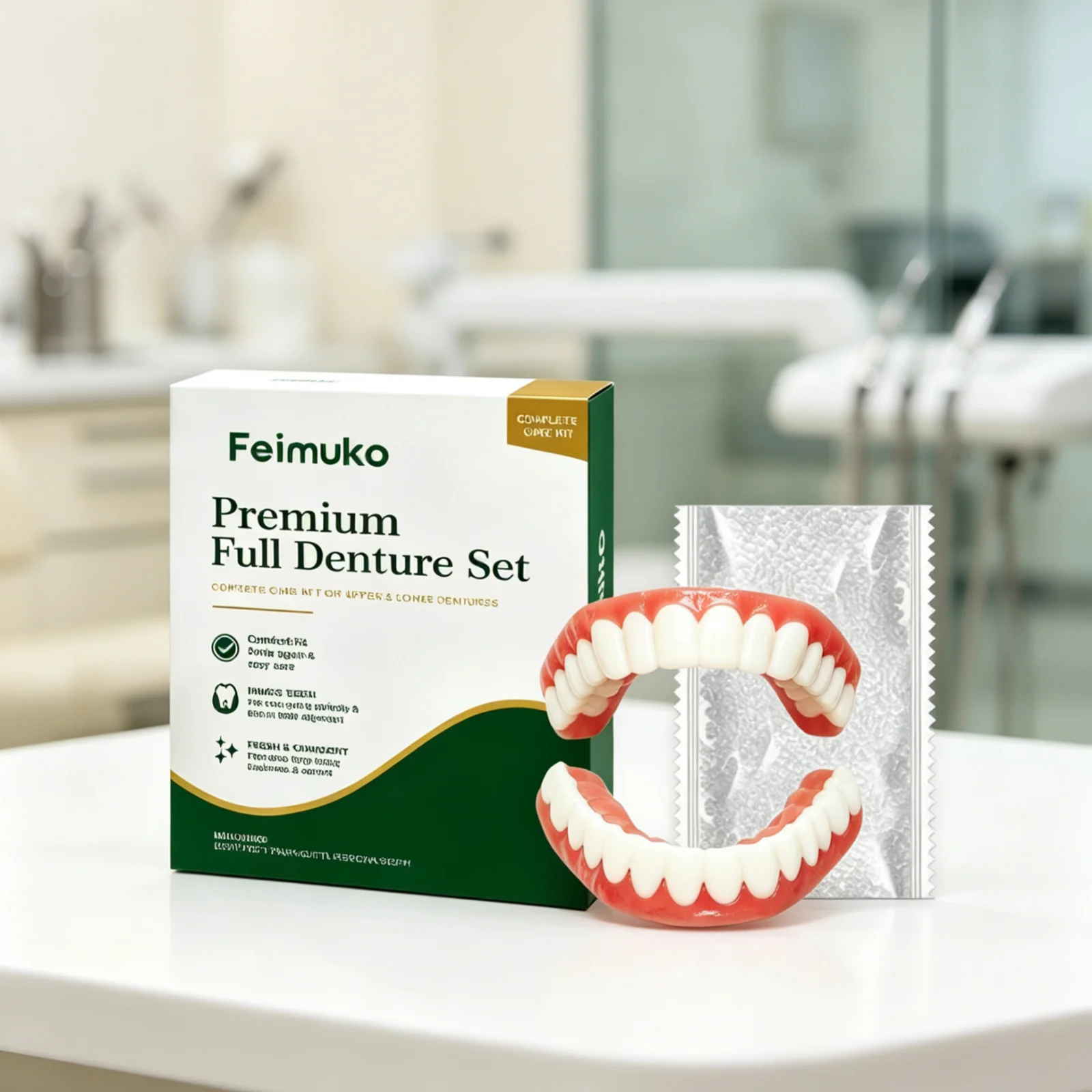 Feimuko Full Denture Set Full Coverage Long Lasting Aesthetic Effect Natural Color Convenient Daily Care Temporary Denture Kit