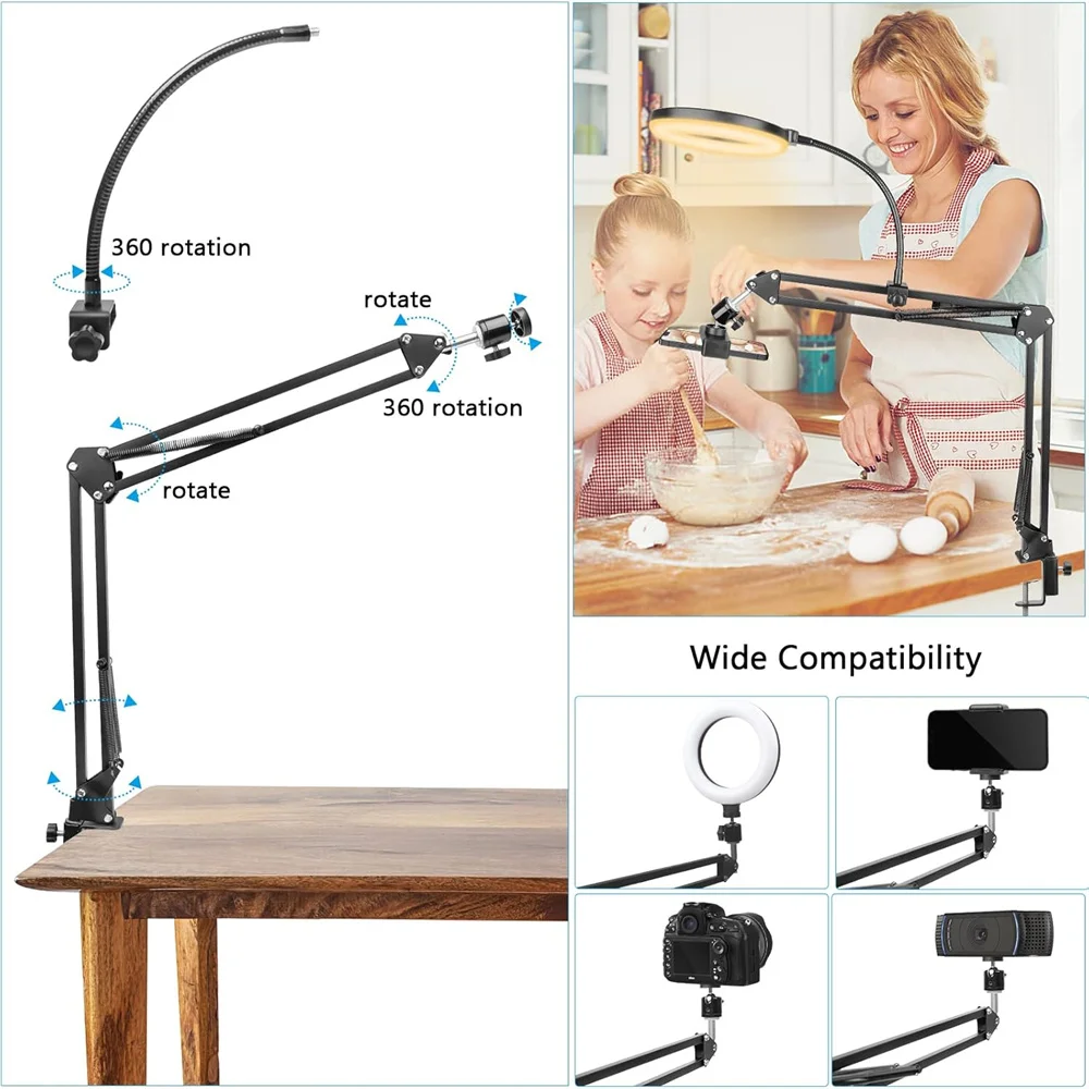 بث مباشر للهاتف LED يملأ الضوء مع حامل هاتف بذراع آلي مرن، تسجيل تصوير ثابت، عصا سيلفي للبث المباشر