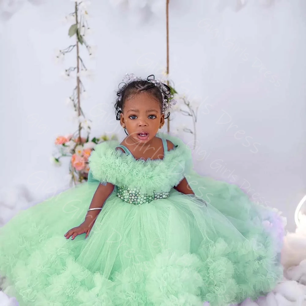 Abito da ragazza di fiori per bambini per matrimonio con spalle scoperte e perline, abito da principessa in tulle a strati, abito da festa di compleanno personalizzato