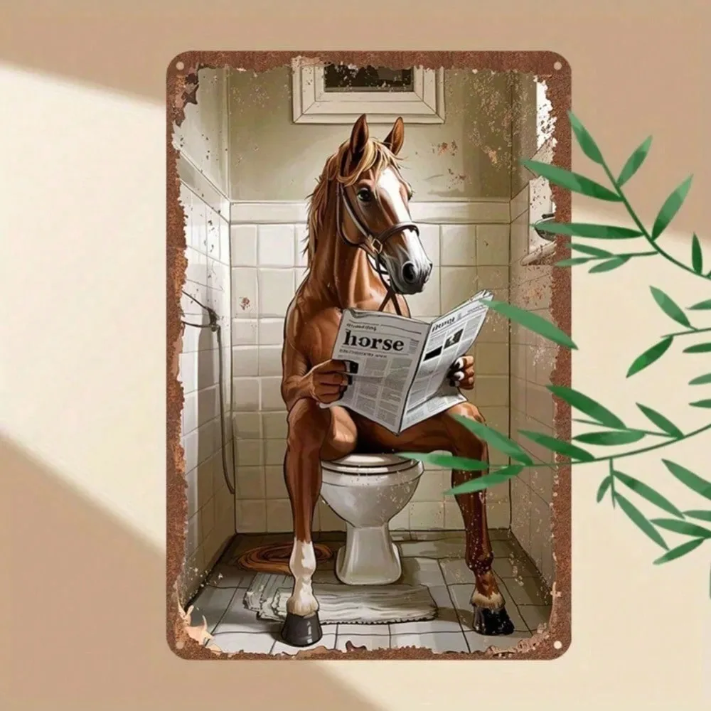 Lustiges Pferd, das Zeitung liest, auf der Toilette, Metall-Blechschild, Retro, humorvolle Wanddekoration für Badezimmer, Toilette, Eisenmalerei, Poster