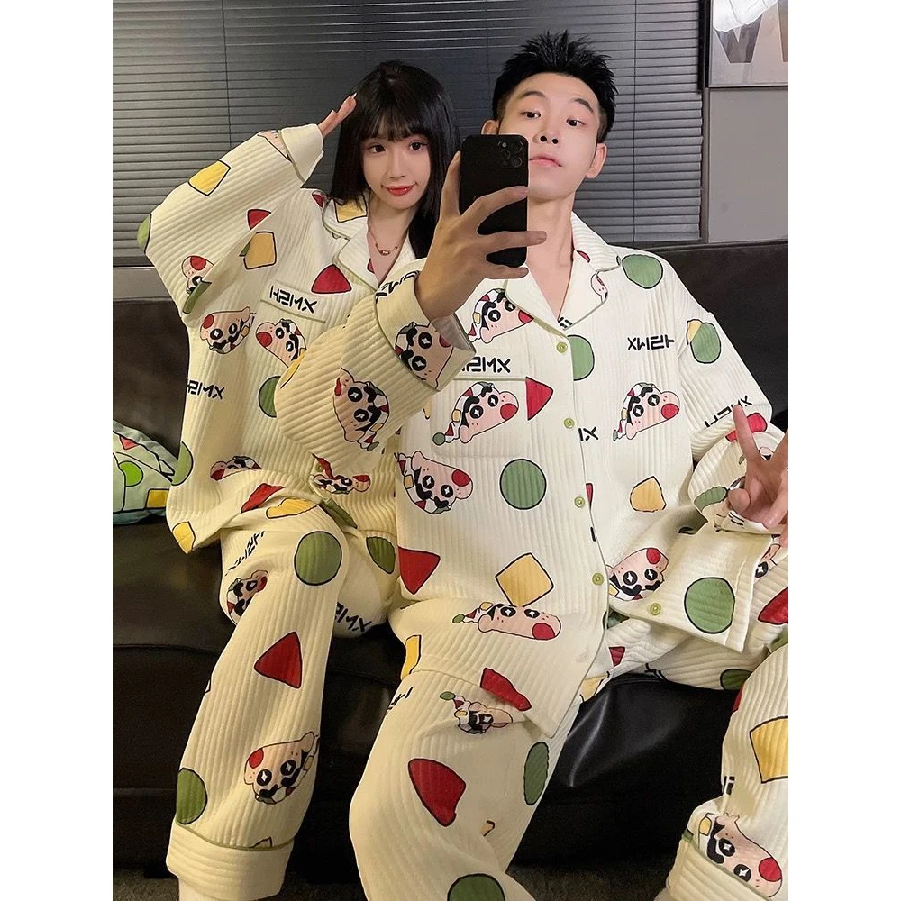 2026 Crayon Shin Chan Pajama Set Air Layer Cotton Lapel Long Sleeve Top Pants Anime Cartoon Print Thick Winter Home Loungewear
