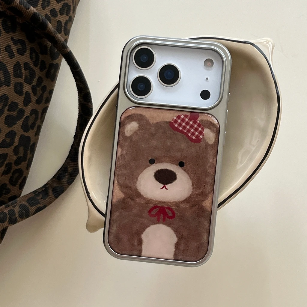الكرتون لطيف الدب البني الأحمر قبعة Bowknot قطرة الغراء الفضة الحدود صدمة برهان غطاء الهاتف القضية آيفون 17 16 15 14 برو ماكس
