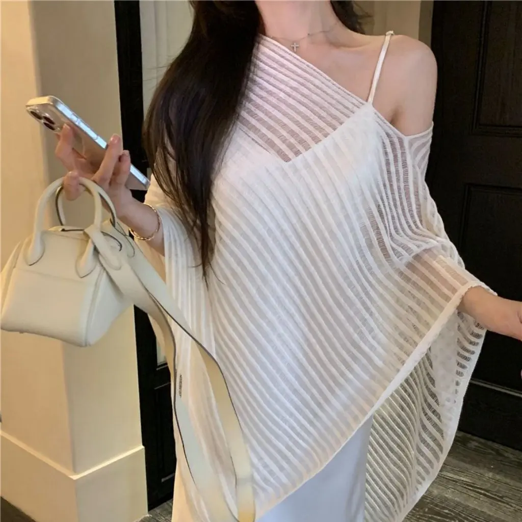 

Women's Irregular Temperament Knitted Sunscreen Blouse Sling Dress Summer Fashion Two-piece Set Inclined Shoulder Suit
