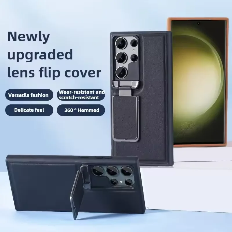 

Case for Samsung Galaxy S25 Ultra S24 S23 Luxury Matte Plain Leather Flip Up Lens Bracket Shockproof Protection Cover Accessory