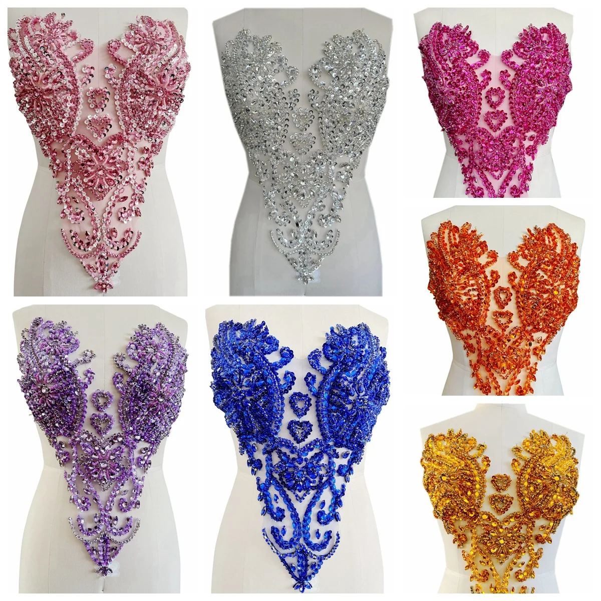 

16 Colors Handwork Beaded Rhinestone Sweetheart Patches Bridal Dresses Decorative Material Embellishments Fabric
