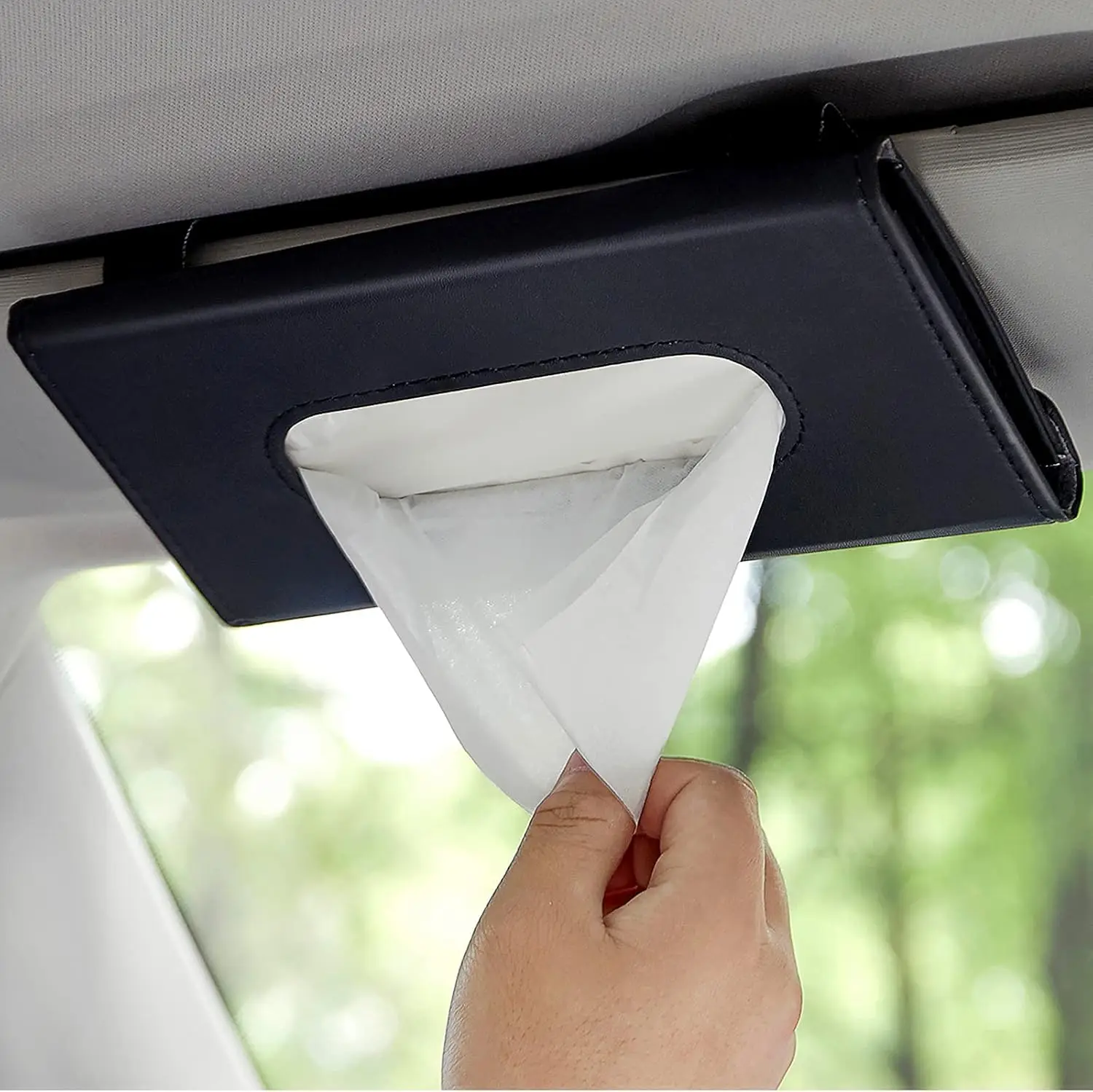 

Car Tissue Holder, Hanging Visor Napkin Organizer, Premium PU Leather, Universal Fit, Black