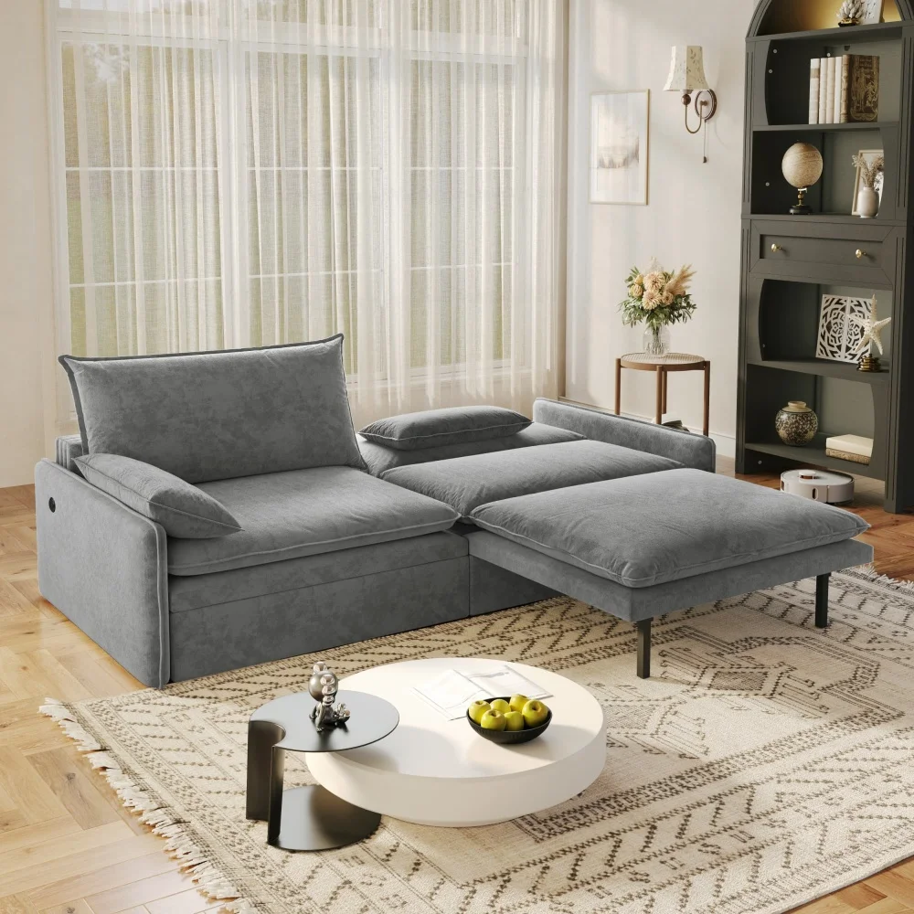 Orraves 4-Seat Convertible Sleeper Sofa Bed Chenille Fabric Deep Seat Modern Cloud Sofa with Storage USB Port 2-in-1 Pillow Pull Out Sleeper for Living Room Apartment Bedroom Light Grey