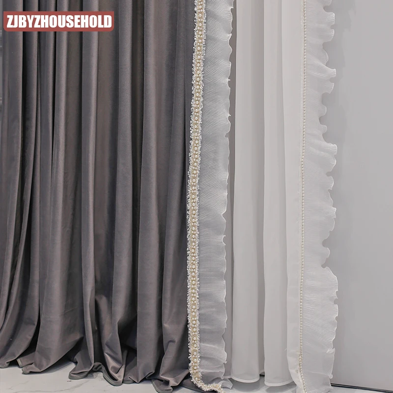 Simple Noble Curtains for Living Room Bedroom Villa French Light Luxury Champagne Romantic Blackout Window Lace Gray Velvet