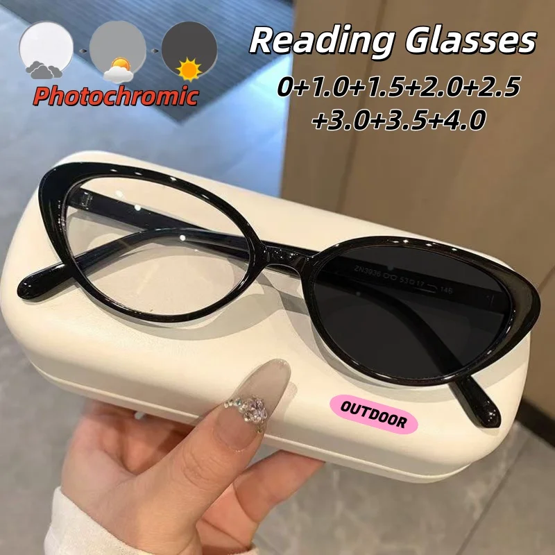 

2026 Retro Fashion Cat-eye Frames Photochromic Reading Glasses Unisex UV Resistant Luxury Advanced Eyeglasses 0 To +4.0