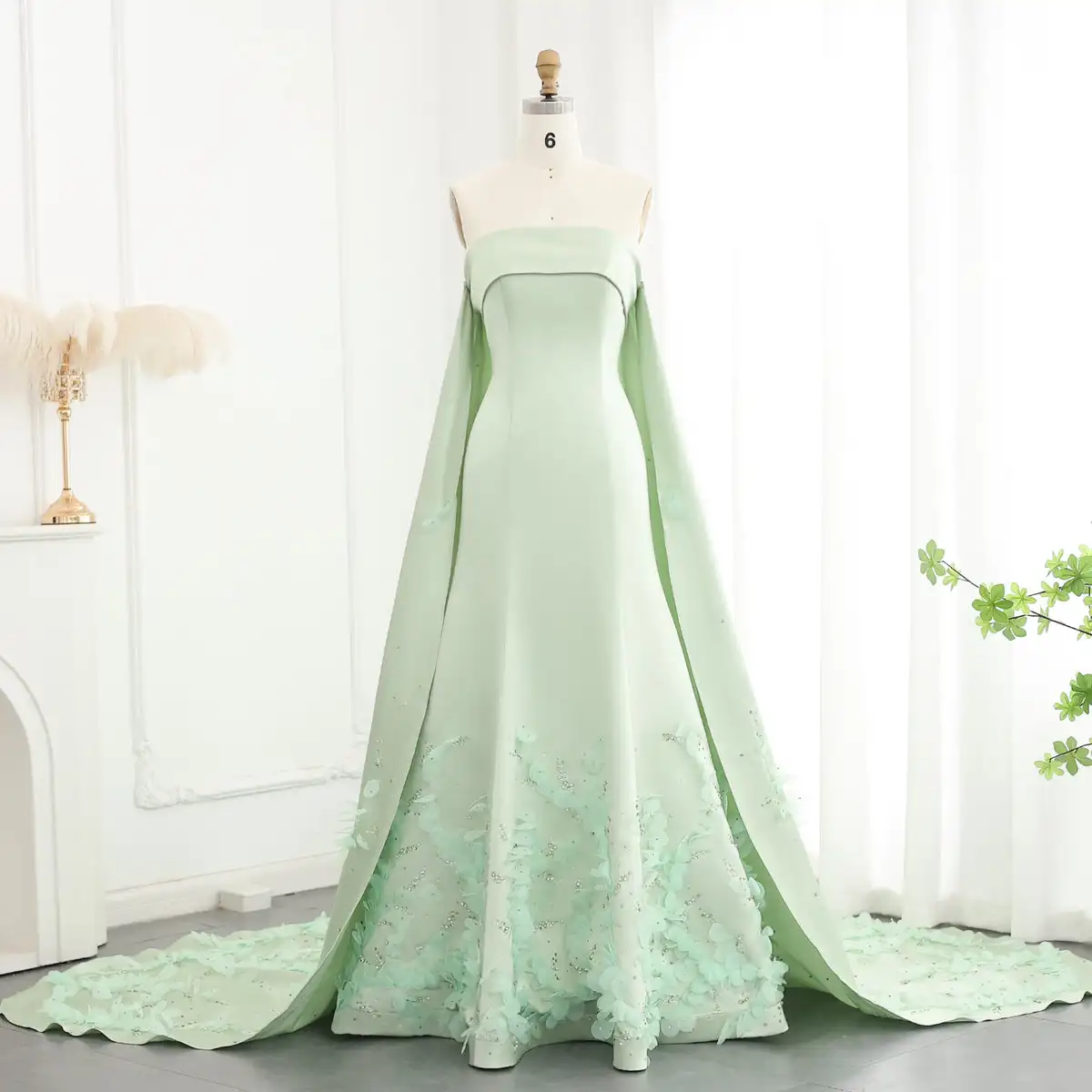 

Custom Made Luxury Crystal 3D Leaves Sage Green Dubai Evening Dress With Cape Arabic Women Wedding Party Gowns Lsz449