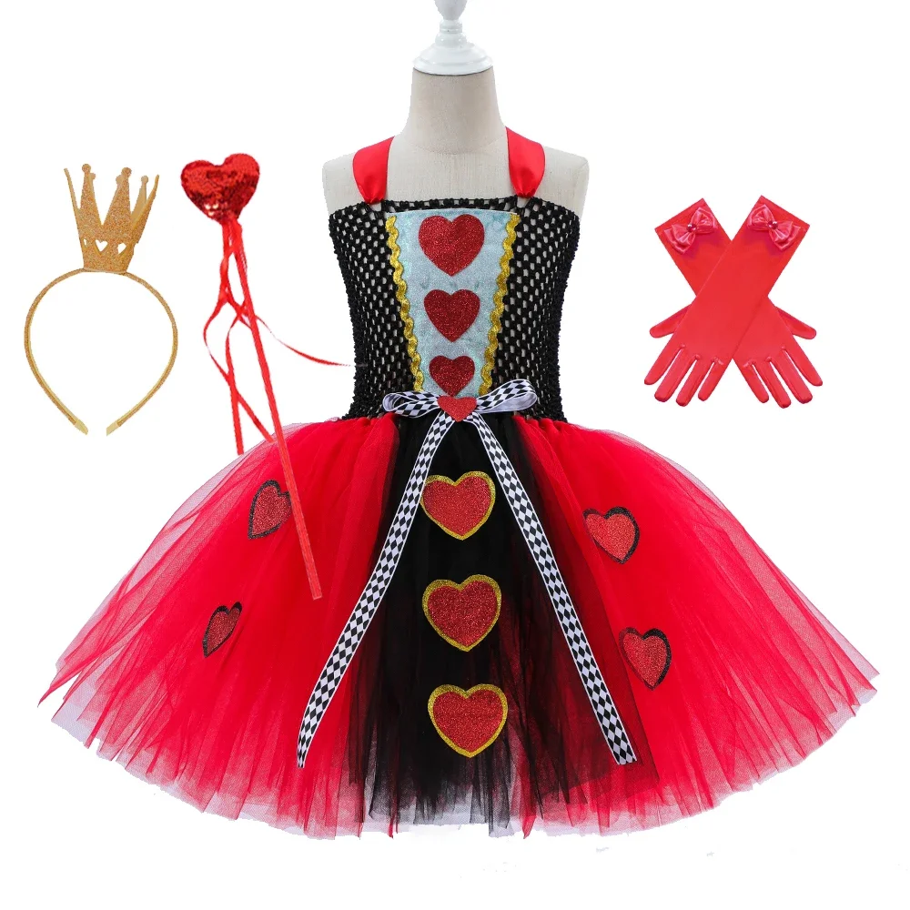 Girls Wonderland Fairy Tale Fancy Dress Sparkly Kids Evil Red Queen Children Dress Halloween Cosplay Costumes Villain Clothes