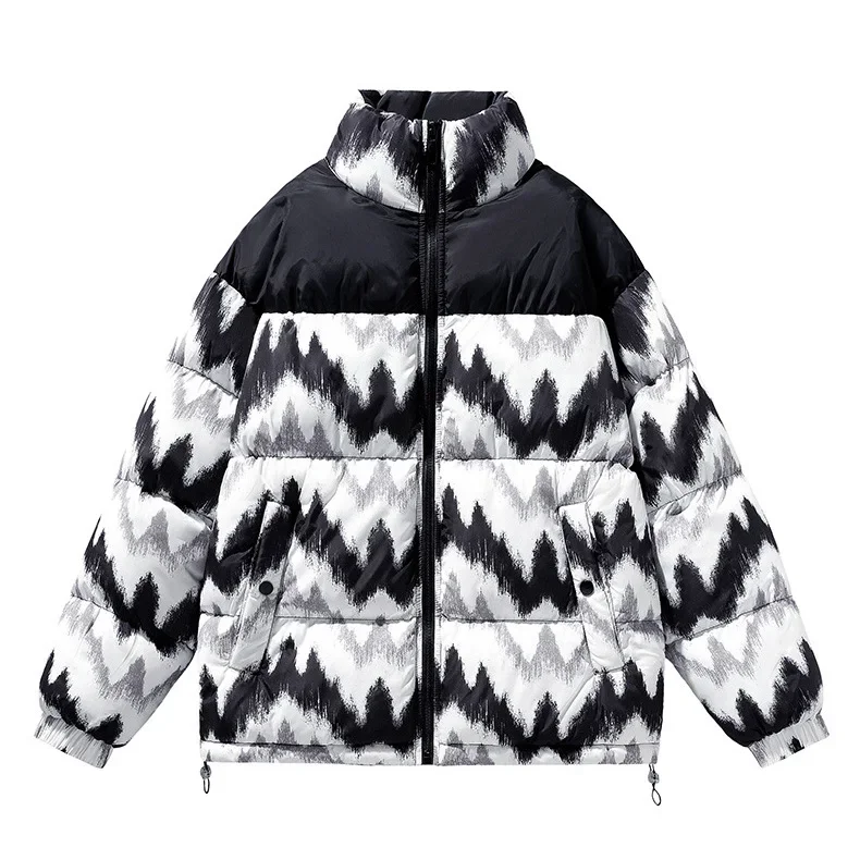 

Man Jacket Winter American Printerd Patchwork Male Down Outerwear Thicken Cold-proof Stand Collar Long Sleeve Soft Men Coat