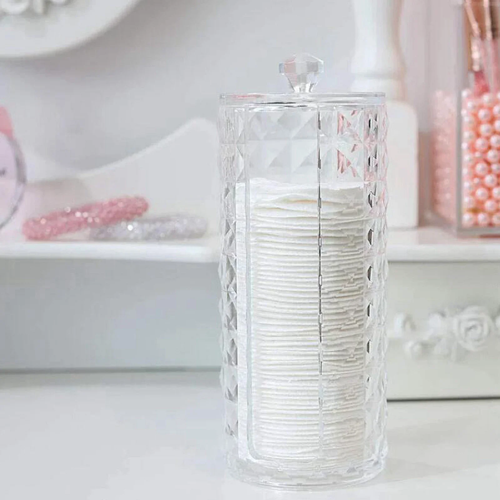 Cosmetic Cotton Pad Round Holder Clear Acrylic Table Top Storage Organizer Box for Makeup Pads and More  for Bathroom or Bedroom