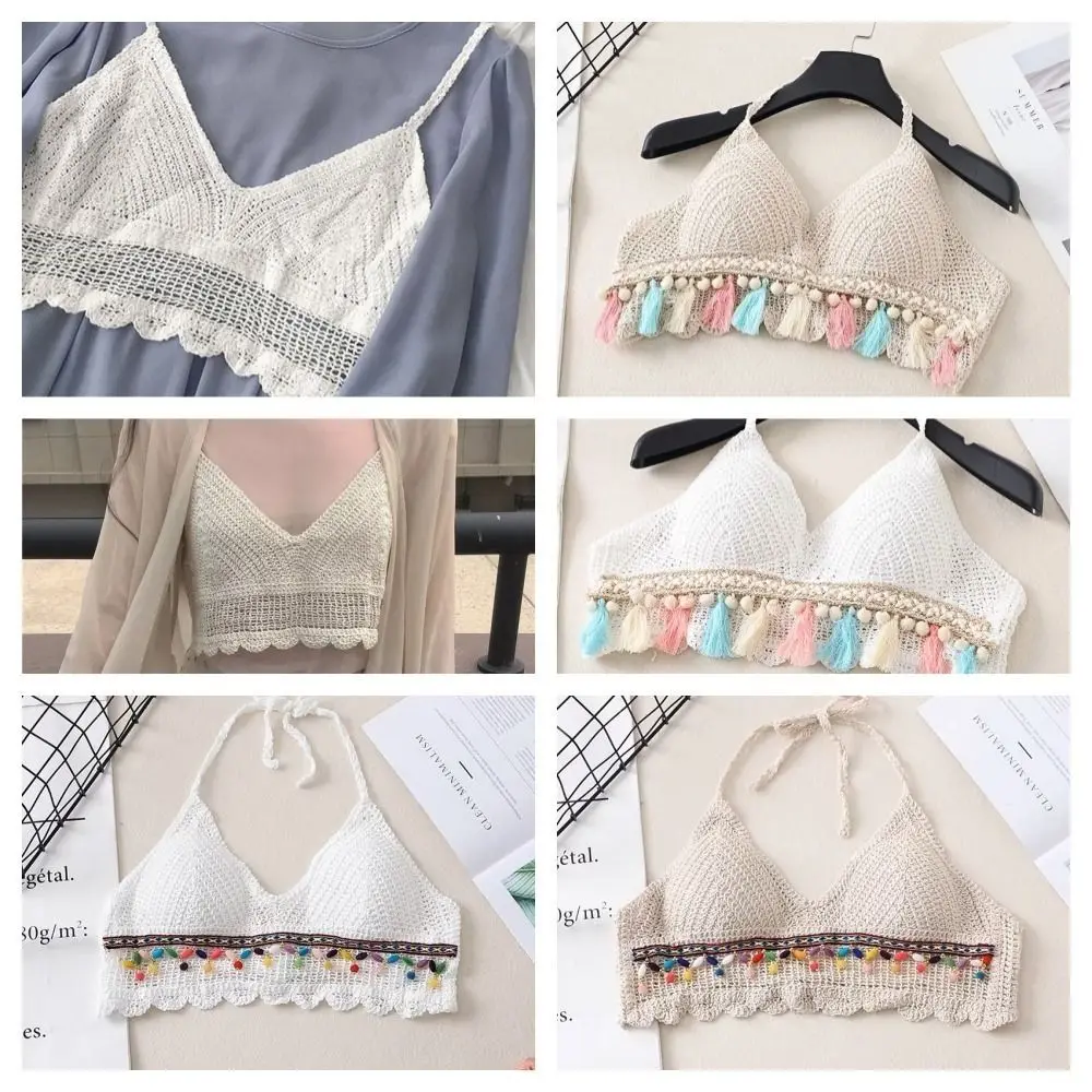 Fashion Sleeveless Female Crochet Camisole V Neck Short Bohemian Style Vest Tassel Slim Knitting Crop Tops Beachwear