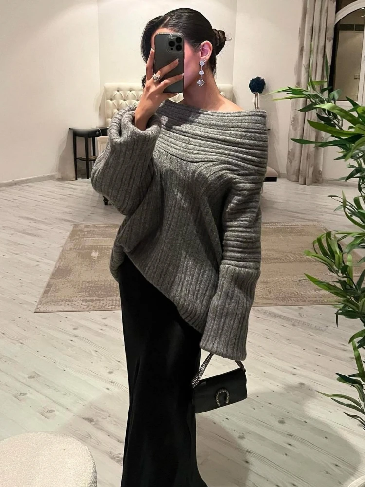 2024 New Winter Elegant Thick Irregular Loose Women Sweater Casual Knit Long Sleeve Sweater Chic Gray Oversize Female Pullovers