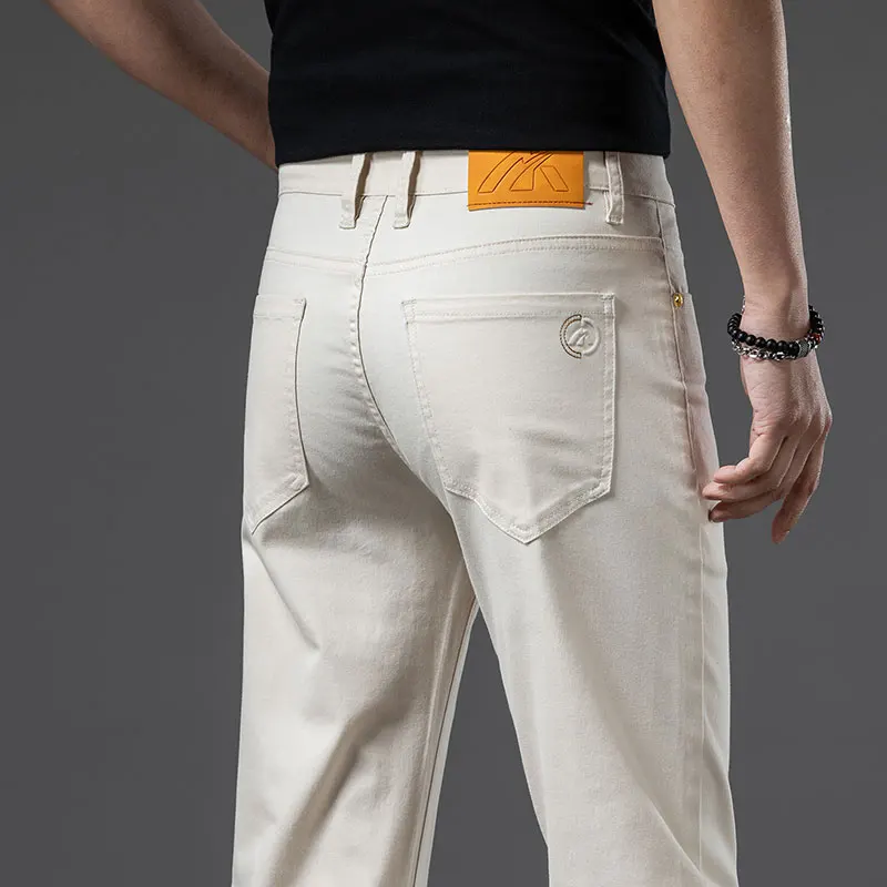 2025 New Men's Khaki White Cotton Stretch Slim Smart Jeans Casual Straight Business Fashion Beige Brand Denim Trousers