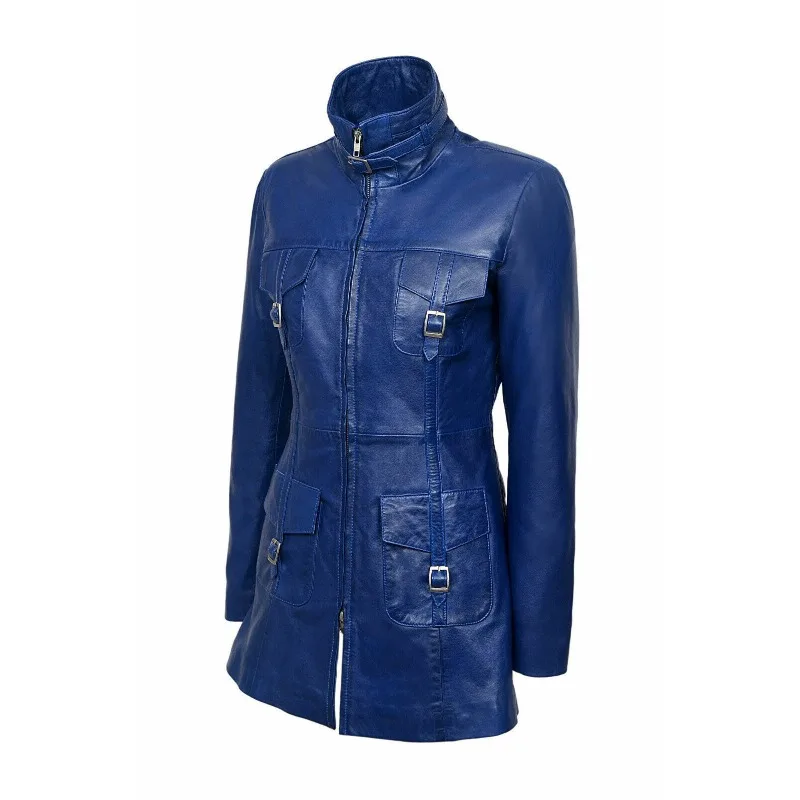 

Women's Lambskin Real Leather Coat Trench Overcoat Blue Designer Jacket