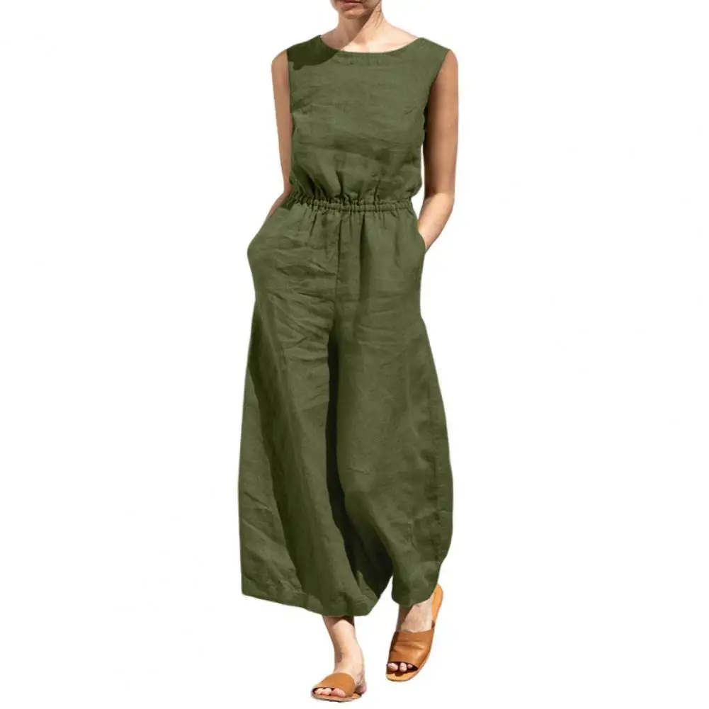 Women Jumpsuit Cotton Linen Lady Wide Leg Jumpsuit Short Sleeves Summer Loose Wide Leg Lady Romper Clothes Streetwear