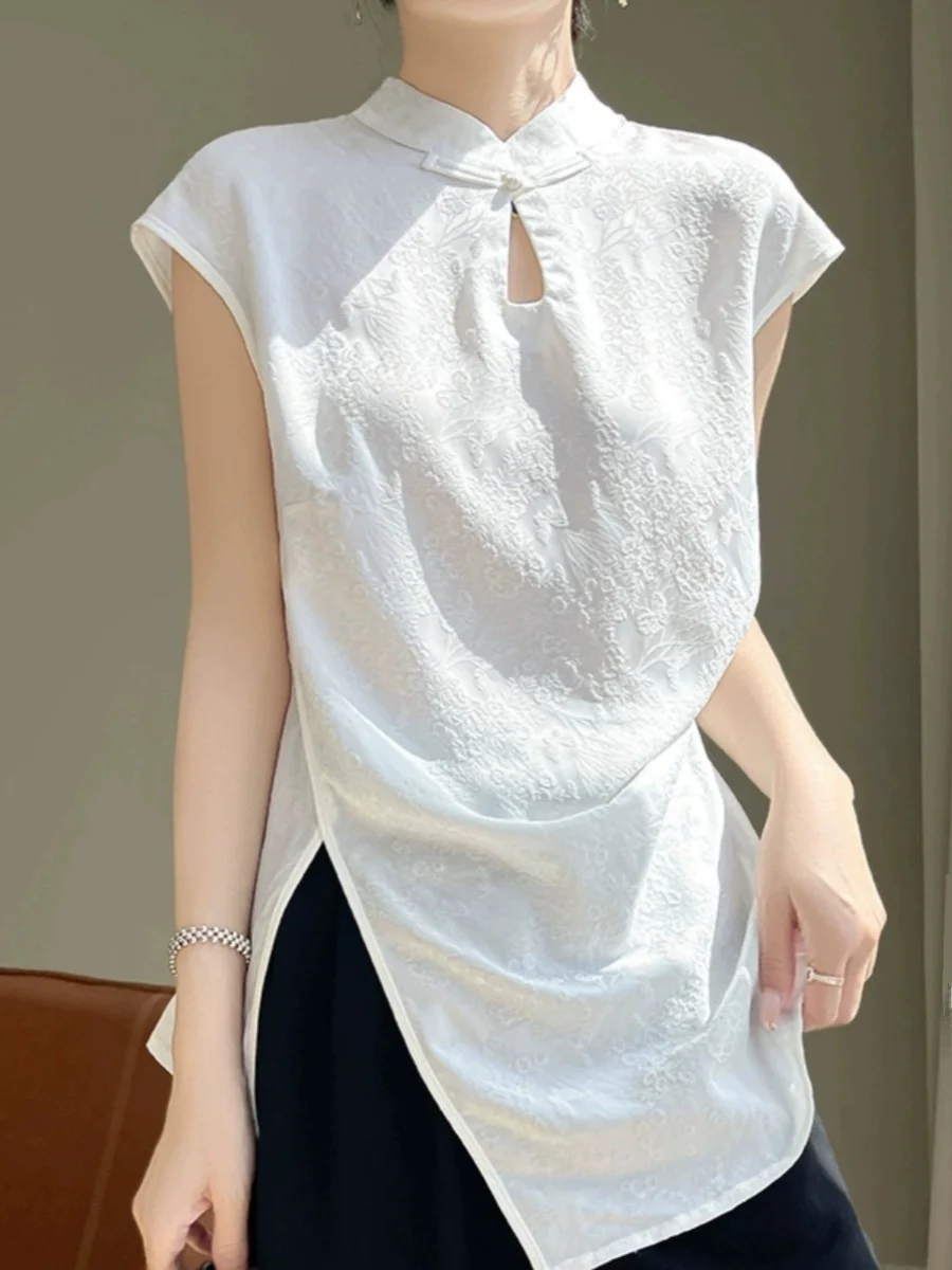 

Шелковый атлас ort Sve воротник-стойка с разрезом однотонный летний топ для женщин в китайском национальном стиле, новый ближневосточный