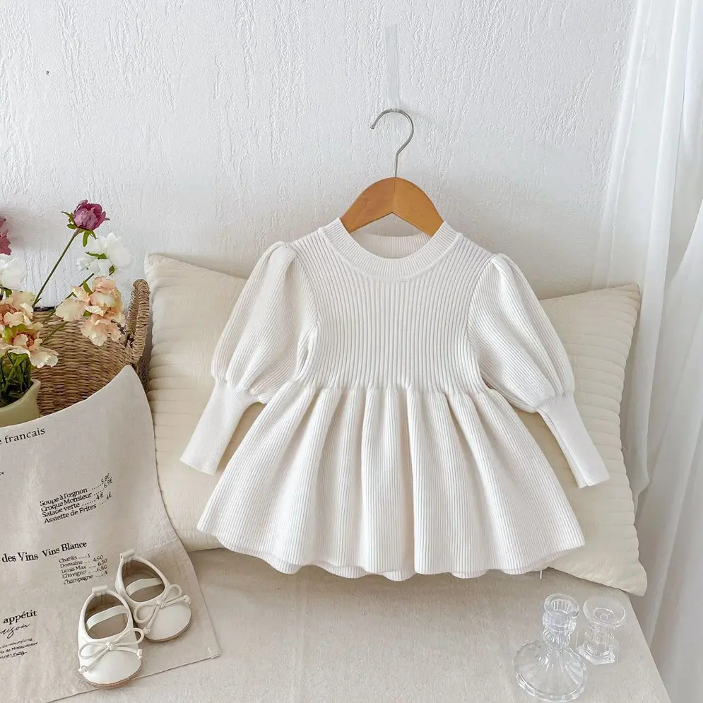 Long Sleeve Warm Casual Romantic Infantil Spring Dress Birthday Christmas Clothing Winter Autumn Baby Girl Sweater Knit Soild
