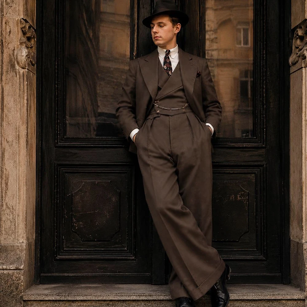 Timeless Dapper Men Brown 3 Pieces Suit Single Breasted Jacket Vest Wide Leg Trousers Vintage Business Wedding Formal Outfit