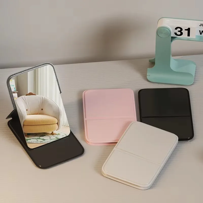Desktop Makeup Mirror Solid Color PU Leather Simple Portable Handheld Makeup Mirror Foldable Student Compact Cute Pocket Mirror