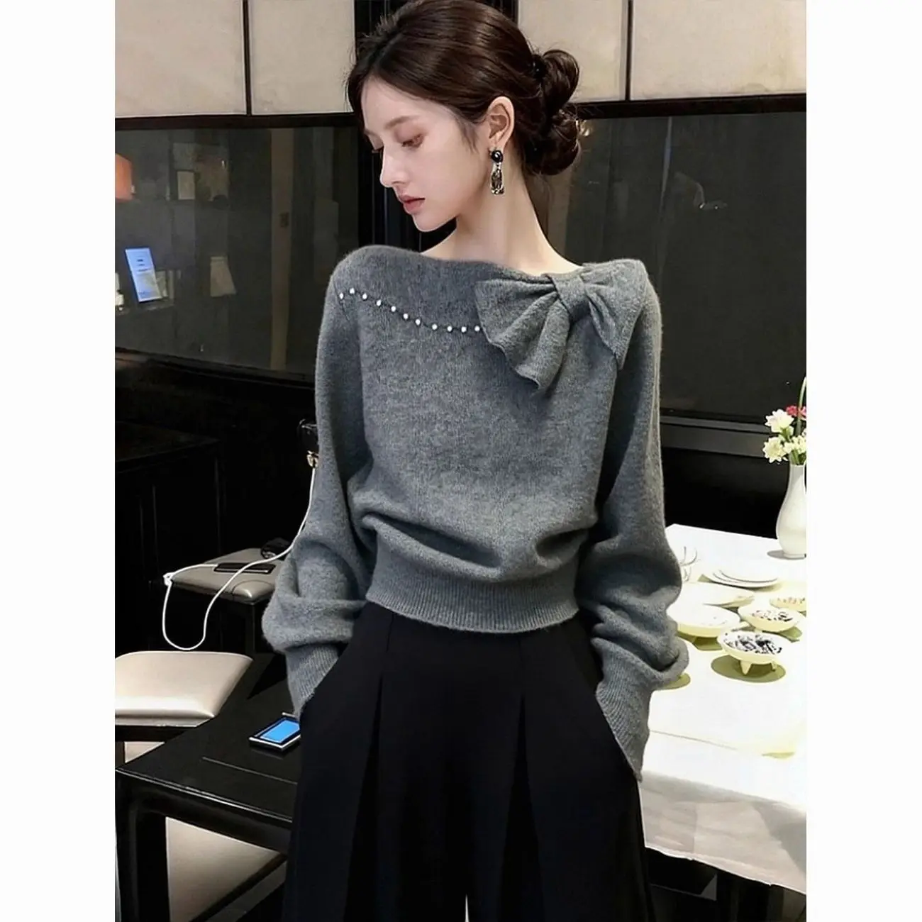 Gray Knit Pullover Sweater with Bow Neck and Pearl Embellishment Loose Fit Short Length Women Autumn Winter Office Elegant 6