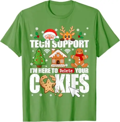 Tech Support Delete Your Cookies Men Ugly Christmas IT Nerd T-Shirt Y2k Santa Xmas Pajamas Costume Family Matching Saying Tee
