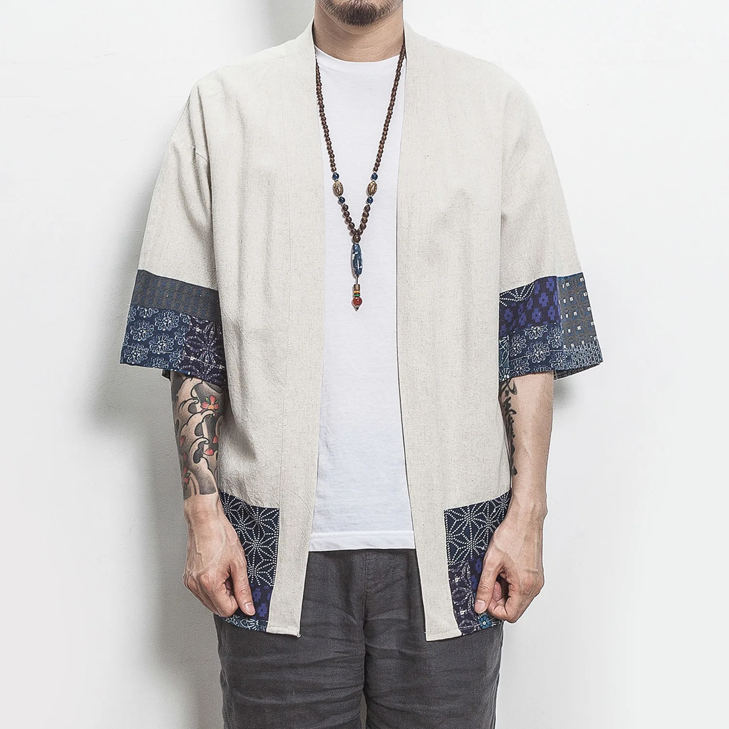 Summer new men\'s cardigan Chinese style linen natural color patchwork men\'s cardigan solid color cotton linen men\'s cardigan