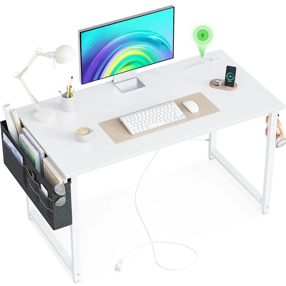 Small Desk With Power Outlets And Usb Port Computer Desk For Home Office Gaming Style Writing Desks With Storage Bag Headphone