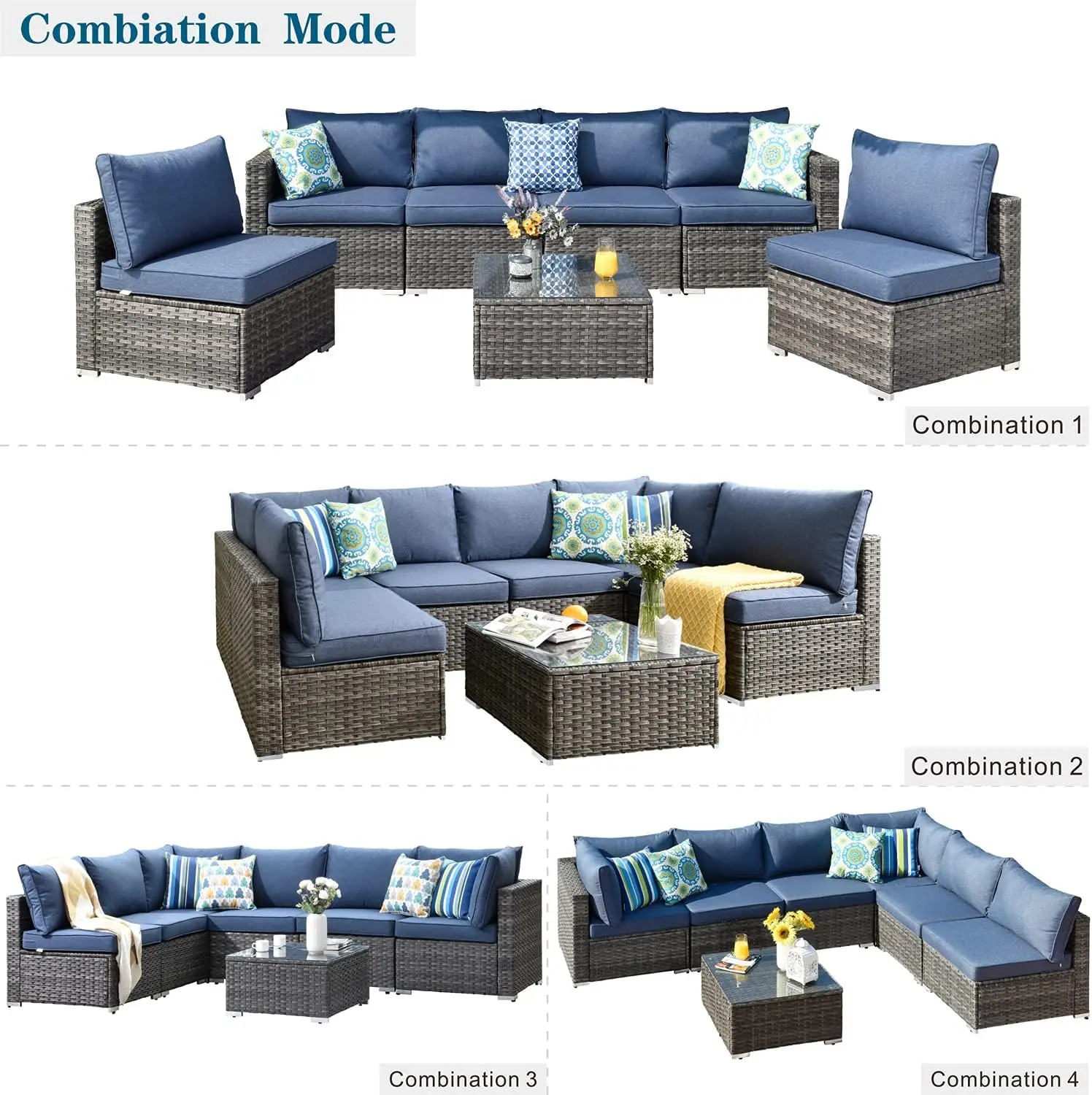 Patio Furniture Sectional Sofa with Glass Table 7 Piece Outdoor Patio Furniture Sets All Weather Wicker Rattan Couch, Backyard P