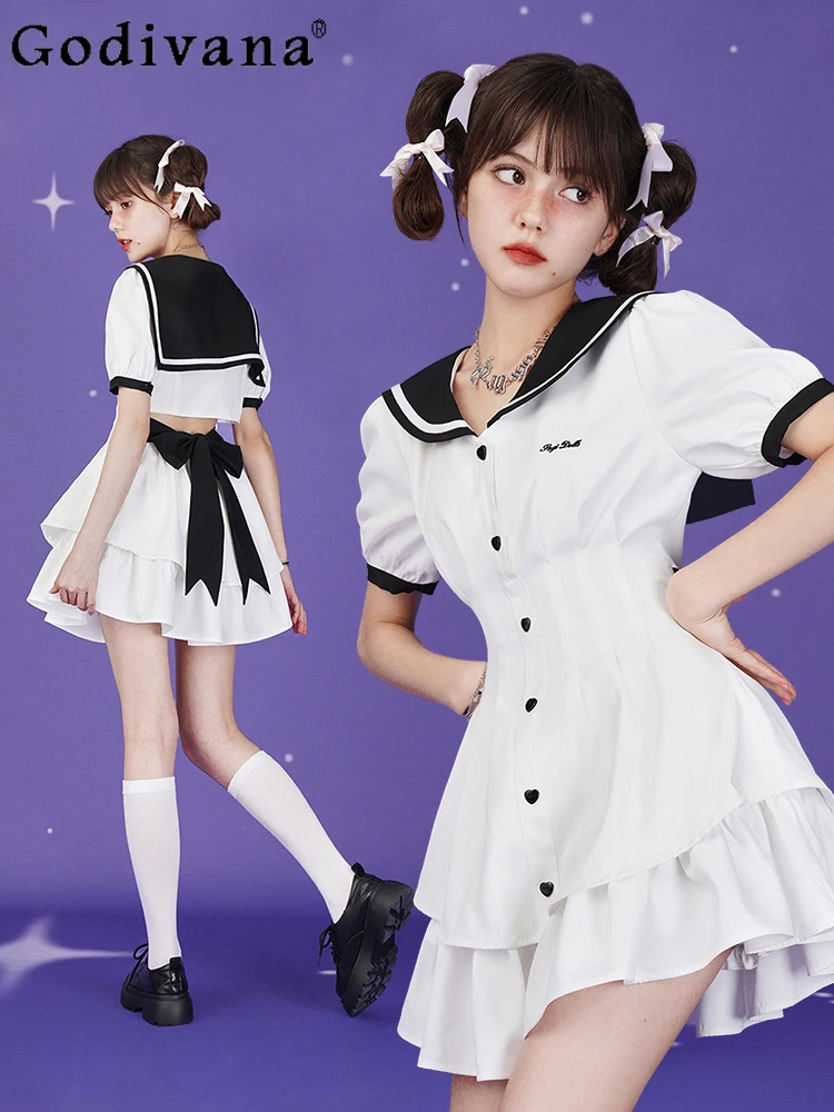 

Summer New Sweet Sailor Collar Dress Pumpkin Pants Sets Lolita Elegant Girl White High Waist Short Sleeve Age Reduction Dresses