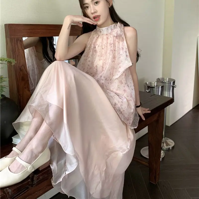 Korea Vintage Women Pink Elegant Mesh Floral Print Pleated Summer Sexy Bow Lace-Up Party Halter Boho Two Piece Set