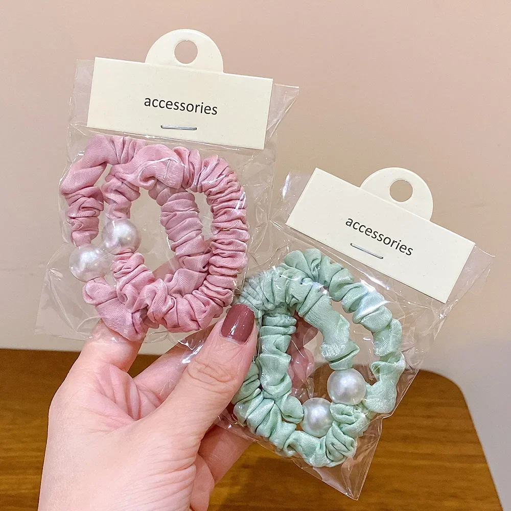 Korea Candy-colored Pearl small intestine hair band sweet and lovely ball hair rope headdress girl Mori rope hair accessories