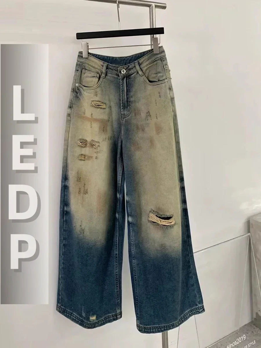 IMU Dirty Wash Women's Jeans Boyfriend Ombre Retro Ripped High Waist Casual Wide Leg Demim Pants Korean Y2k Streetwear