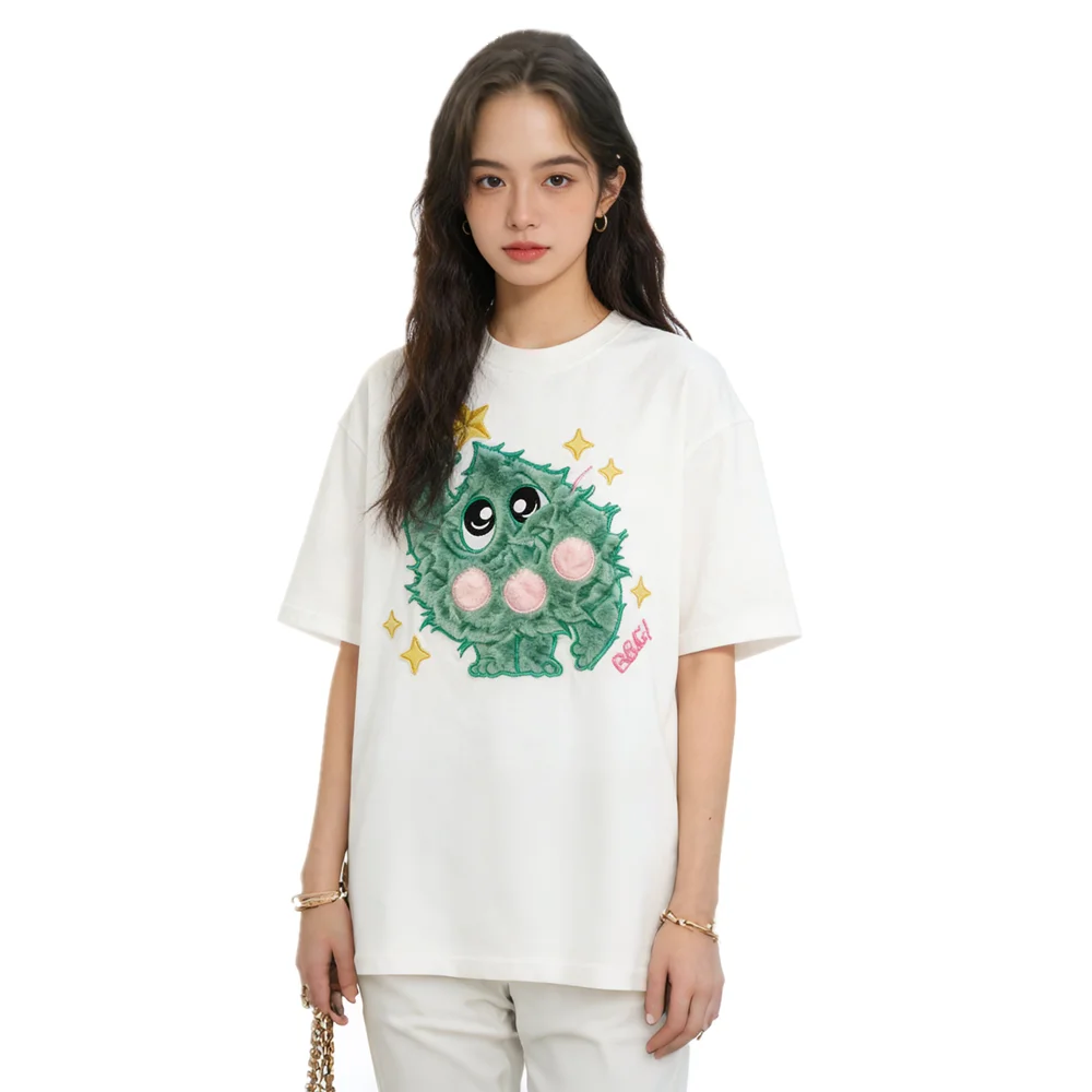 Lovely Sweet Christmas Tree Cartoon Plush Embroidery Short Sleeve T-shirt Women's Summer New College Style Flocking Tee Shirts
