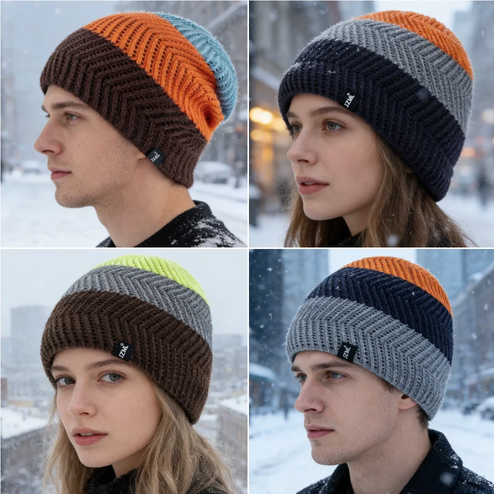 New Unisex JZML Label Beanie Hat Colorful Stripes Winter Hat Casual Cozy Knit Hats Outdoor Skiing Sports Cap