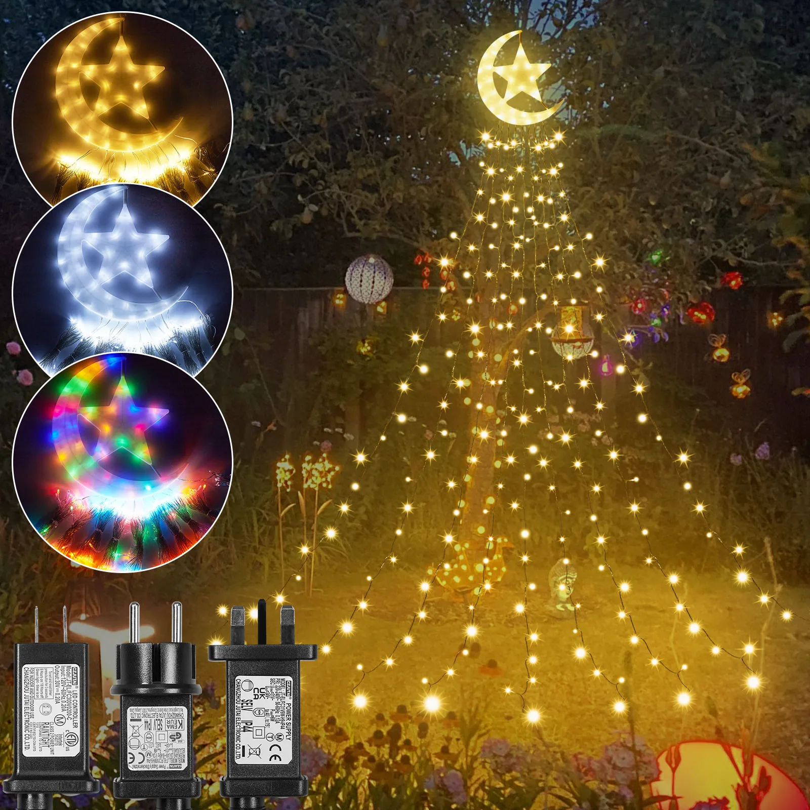 8 Modes Timer 350 LED Waterfall Christmas Tree Lights with Topper Moon Star Outdoor Fairy String Lights Memory Garland Lighting