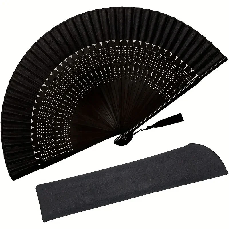 Black folding fan, suitable for dancing, performances, wedding decorations, party accessories or as a gift.